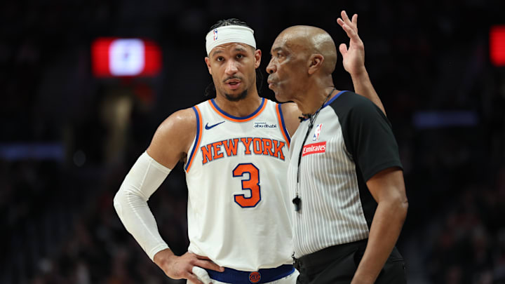 Jan 11, 2026; Portland, Oregon, USA;  New York Knicks guard Josh Hart (3) talks with referee Leon Wood (40) during the second half at Moda Center. Mandatory Credit: Jaime Valdez-Imagn Images