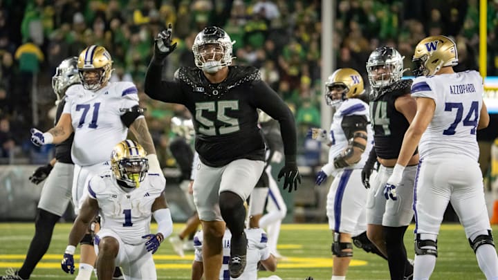 Oregon defensive lineman Derrick Harmon celebrates a sack as the No. 1 Oregon Ducks host the Washington Huskies Saturday, Nov. 30, 2024 at Autzen Stadium in Eugene, Ore.