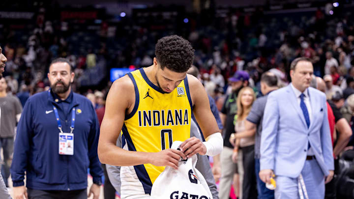 Nov 1, 2024; New Orleans, Louisiana, USA;  Indiana Pacers guard Tyrese Haliburton (0) reacts to the outcome of the game as time expires against the New Orleans Pelicans at Smoothie King Center. Mandatory Credit: Stephen Lew-Imagn Images