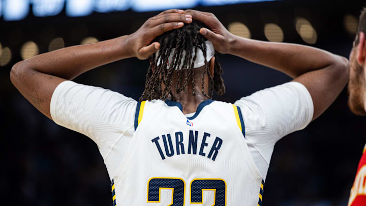 Feb 1, 2025; Indianapolis, Indiana, USA; Indiana Pacers center Myles Turner (33) reacts after a foul in the first half against the Atlanta Hawks at Gainbridge Fieldhouse. Mandatory Credit: Trevor Ruszkowski-Imagn Images