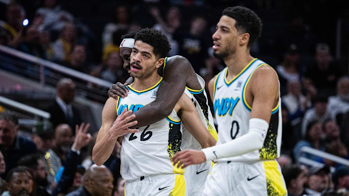 Jan 29, 2025; Indianapolis, Indiana, USA; Indiana Pacers guard Ben Sheppard (26) his hugged by forward Pascal Siakam (43) after a made basket  in the second half against the Detroit Pistons at Gainbridge Fieldhouse. Mandatory Credit: Trevor Ruszkowski-Imagn Images