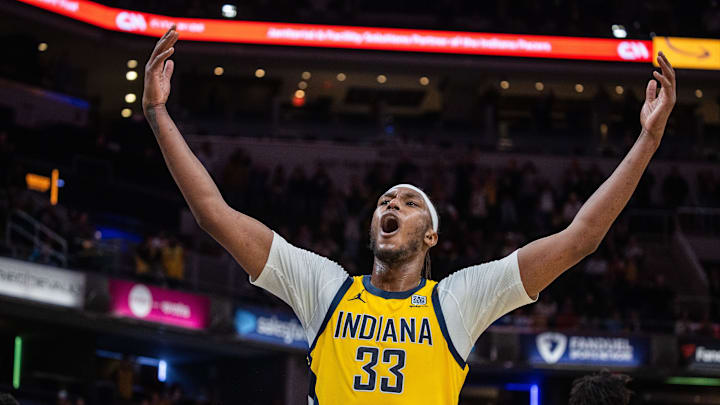 Mar 20, 2025; Indianapolis, Indiana, USA; Indiana Pacers center Myles Turner (33) celebrates the win after game against the Brooklyn Nets at Gainbridge Fieldhouse. Mandatory Credit: Trevor Ruszkowski-Imagn Images