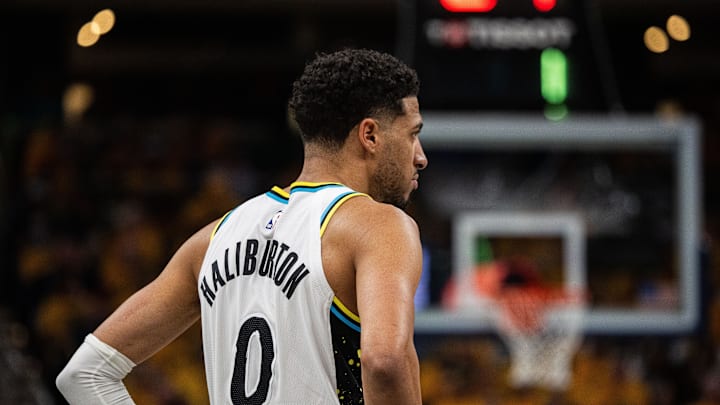 Apr 29, 2025; Indianapolis, Indiana, USA; Indiana Pacers guard Tyrese Haliburton (0)  during game five of the first round for the 2024 NBA Playoffs against the Milwaukee Bucks at Gainbridge Fieldhouse. Mandatory Credit: Trevor Ruszkowski-Imagn Images