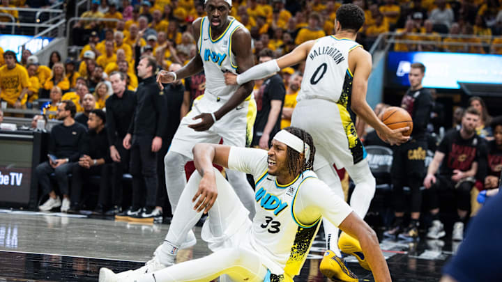 May 9, 2025; Indianapolis, Indiana, USA; Indiana Pacers center Myles Turner (33) down injured during game three of the second round for the 2025 NBA Playoffs against the Cleveland Cavaliers at Gainbridge Fieldhouse. Mandatory Credit: Trevor Ruszkowski-Imagn Images