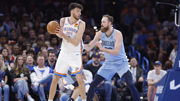 Mar 27, 2025; Oklahoma City, Oklahoma, USA; Memphis Grizzlies center Jay Huff (30) defends Oklahoma City Thunder forward Chet Holmgren (7) during the second half at Paycom Center. Mandatory Credit: Alonzo Adams-Imagn Images