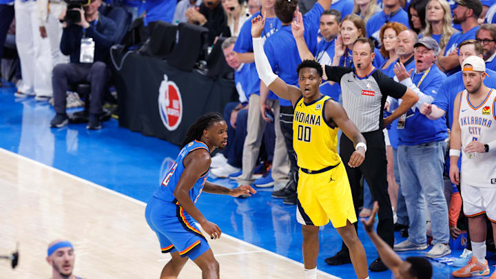 Jun 22, 2025; Oklahoma City, Oklahoma, USA; Indiana Pacers guard Bennedict Mathurin (00) reacts during the second half of game seven of the 2025 NBA Finals against the Oklahoma City Thunder at Paycom Center. Mandatory Credit: Alonzo Adams-Imagn Images Jun 22, 2025; Oklahoma City, Oklahoma, USA; Indiana Pacers guard Bennedict Mathurin (00) reacts during the second half of game seven of the 2025 NBA Finals against the Oklahoma City Thunder at Paycom Center. Mandatory Credit: Alonzo Adams-Imagn Images