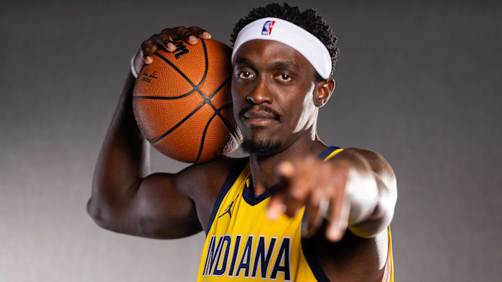 Sep 29, 2025; Indianapolis, IN, USA: Indiana Pacers forward Pascal Siakam (43) poses for a photo during media day. Mandatory Credit: Trevor Ruszkowski-Imagn Images