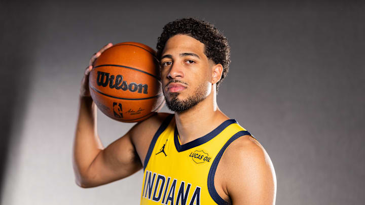 Sep 29, 2025; Indianapolis, IN, USA;  Indiana Pacers guard Tyrese Haliburton (0) poses for a photo during media day. Mandatory Credit: Trevor Ruszkowski-Imagn Images