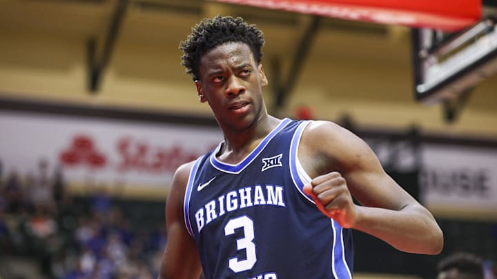 Nov 27, 2025; Kissimmee, Florida, USA; Brigham Young University Cougars forward AJ Dybantsa (3) reacts after a foul against the Miami (FL) Hurricanes in the second half at State Farm Field House. Mandatory Credit: Nathan Ray Seebeck-Imagn Images Nov 27, 2025; Kissimmee, Florida, USA; Brigham Young University Cougars forward AJ Dybantsa (3) reacts after a foul against the Miami (FL) Hurricanes in the second half at State Farm Field House. Mandatory Credit: Nathan Ray Seebeck-Imagn Images