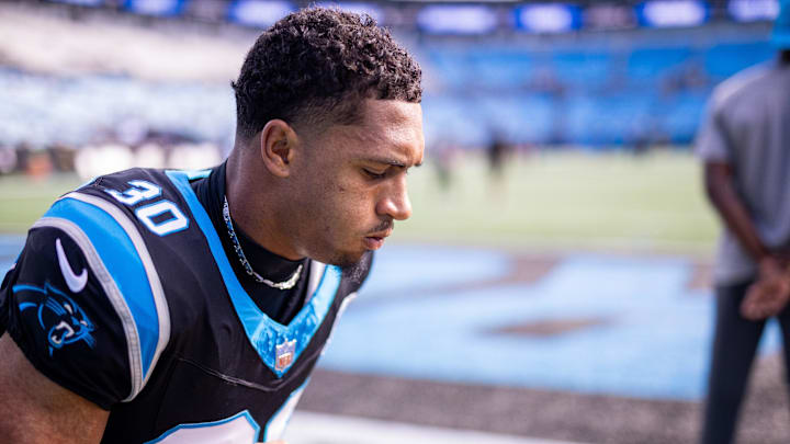 Nov 3, 2024; Charlotte, North Carolina, USA; Carolina Panthers running back Chuba Hubbard (30) warms up before a game against the New Orleans Saints at Bank of America Stadium. Mandatory Credit: Scott Kinser-Imagn Images Nov 3, 2024; Charlotte, North Carolina, USA; Carolina Panthers running back Chuba Hubbard (30) warms up before a game against the New Orleans Saints at Bank of America Stadium. Mandatory Credit: Scott Kinser-Imagn Images