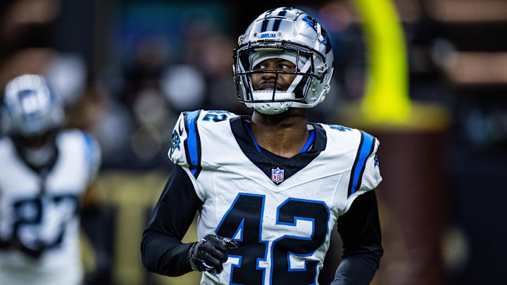 Dec 10, 2023; New Orleans, Louisiana, USA; Carolina Panthers safety Sam Franklin Jr. (42) looks on against the New Orleans Saints during the second half at the Caesars Superdome. Mandatory Credit: Stephen Lew-Imagn Images
