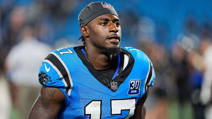 Oct 13, 2024; Charlotte, North Carolina, USA;  Carolina Panthers wide receiver Xavier Legette (17) during the second half at Bank of America Stadium. Mandatory Credit: Jim Dedmon-Imagn Images