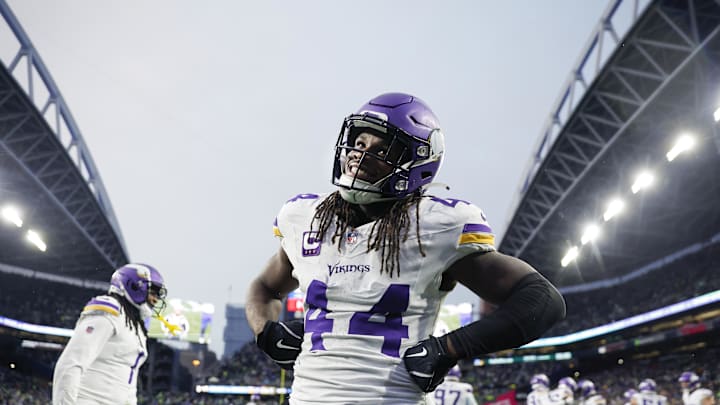 Dec 22, 2024; Seattle, Washington, USA; Minnesota Vikings safety Josh Metellus (44) poses for a photo following a Seattle Seahawks turnover during the fourth quarter at Lumen Field. Mandatory Credit: Joe Nicholson-Imagn Images Dec 22, 2024; Seattle, Washington, USA; Minnesota Vikings safety Josh Metellus (44) poses for a photo following a Seattle Seahawks turnover during the fourth quarter at Lumen Field. Mandatory Credit: Joe Nicholson-Imagn Images