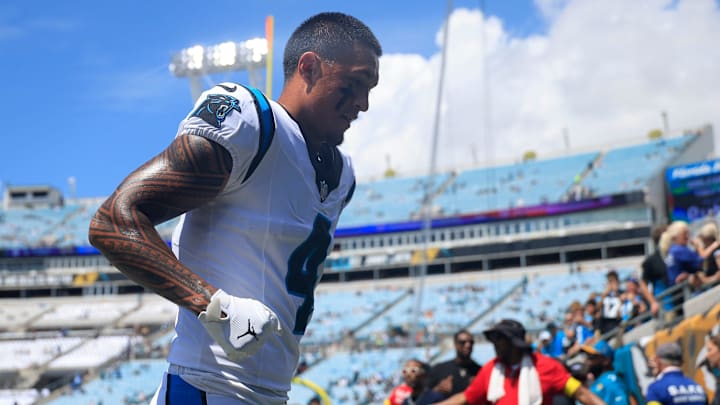 Carolina Panthers wide receiver Tetairoa McMillan (4) runs off the field before an NFL football matchup at EverBank Stadium, Sunday, Sept. 7, 2025 in Jacksonville, Fla. [Corey Perrine/Florida Times-Union]