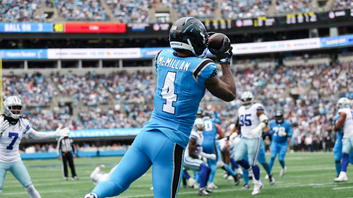 Oct 12, 2025; Charlotte, North Carolina, USA; Carolina Panthers wide receiver Tetairoa McMillan (4) makes a catch for a touchdown during the second half the Dallas Cowboys at Bank of America Stadium. Mandatory Credit: Cory Knowlton-Imagn Images Oct 12, 2025; Charlotte, North Carolina, USA; Carolina Panthers wide receiver Tetairoa McMillan (4) makes a catch for a touchdown during the second half the Dallas Cowboys at Bank of America Stadium. Mandatory Credit: Cory Knowlton-Imagn Images