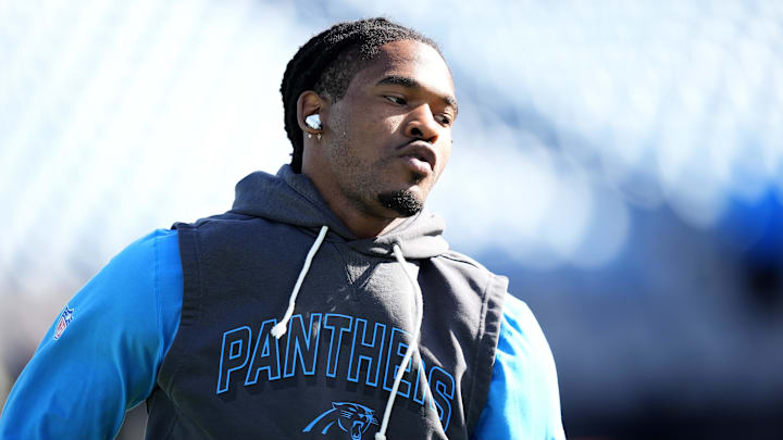Oct 26, 2025; Charlotte, North Carolina, USA; Carolina Panthers running back Rico Dowdle (5) warms up before a game against the Buffalo Bills at Bank of America Stadium. Mandatory Credit: Jim Dedmon-Imagn Images