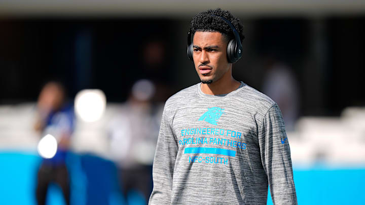 Nov 9, 2025; Charlotte, North Carolina, USA; Carolina Panthers quarterback Bryce Young (9) warms up before the game against the New Orleans Saints at Bank of America Stadium. Mandatory Credit: Jim Dedmon-Imagn Images