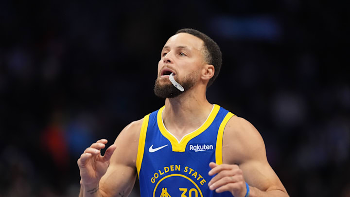 Dec 31, 2025; Charlotte, North Carolina, USA; Golden State Warriors guard Stephen Curry (30) during the first quarter against the Charlotte Hornets at Spectrum Center. Mandatory Credit: Jim Dedmon-Imagn Images
