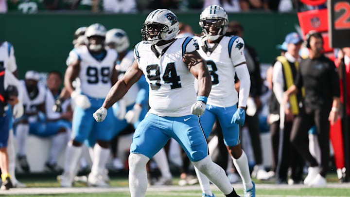 Carolina Panthers defensive end A'Shawn Robinson (94) reacts after a sack