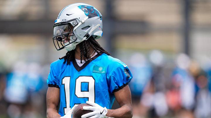Jun 9, 2026; Charlotte, NC, USA; Rookie Carolina Panthers wide receiver Chris Brazzell III (19) during the first day of mini camp at Bank of America Stadium practice facility. Mandatory Credit: Jim Dedmon-Imagn Images Jun 9, 2026; Charlotte, NC, USA; Rookie Carolina Panthers wide receiver Chris Brazzell III (19) during the first day of mini camp at Bank of America Stadium practice facility. Mandatory Credit: Jim Dedmon-Imagn Images