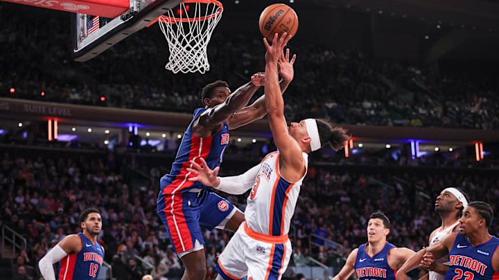 Dec 7, 2024; New York, New York, USA; New York Knicks guard Josh Hart (3) shoots the ball as Detroit Pistons center Jalen Duren (0) defendsf during the second half at Madison Square Garden. Mandatory Credit: Vincent Carchietta-Imagn Images