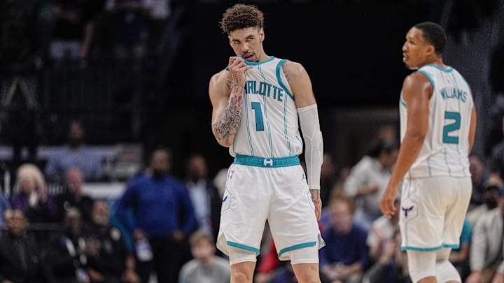 Nov 6, 2024; Charlotte, North Carolina, USA; Charlotte Hornets guard LaMelo Ball (1) during the second half against the Detroit Pistons at Spectrum Center. Mandatory Credit: Jim Dedmon-Imagn Images