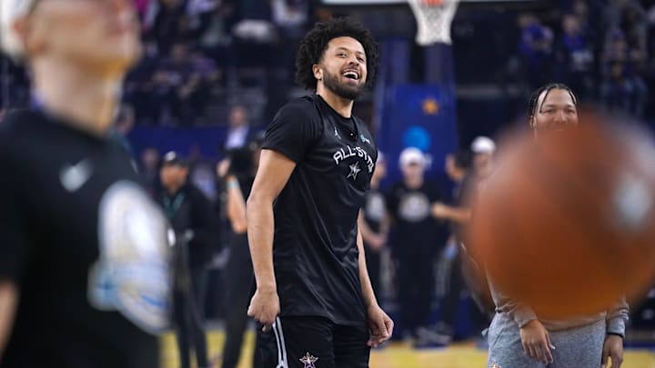 Feb 15, 2025; Oakland, CA, USA; Kenny’s Young Stars guard Cade Cunningham (2) of the Detroit Pistons smiles during the NBA All Star-Practice at Oracle Arena. Mandatory Credit: Cary Edmondson-Imagn Images