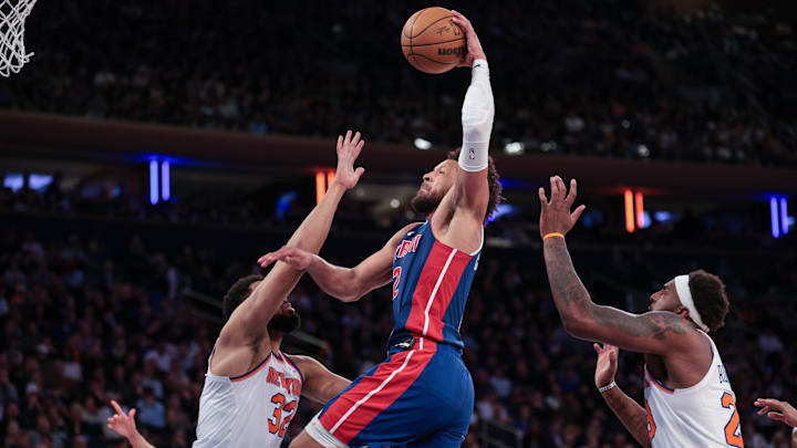 Feb 19, 2026; New York, New York, USA; Detroit Pistons guard Cade Cunningham (2) goes up for a dunk against New York Knicks center Karl-Anthony Towns (32) during the second half at Madison Square Garden. Mandatory Credit: Vincent Carchietta-Imagn Images Feb 19, 2026; New York, New York, USA; Detroit Pistons guard Cade Cunningham (2) goes up for a dunk against New York Knicks center Karl-Anthony Towns (32) during the second half at Madison Square Garden. Mandatory Credit: Vincent Carchietta-Imagn Images