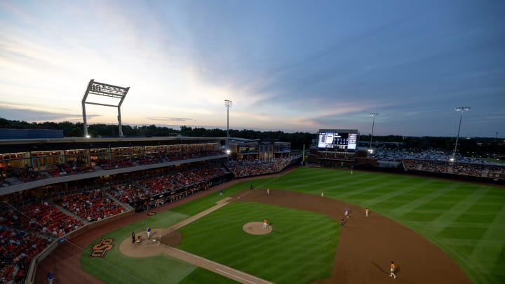Jun 2, 2024; Stillwater, OK, USA; The sun sets over a Oklahoma State NCAA regional baseball game at O'Brate Stadium against Florida. Mandatory Credit: Mitch Alcala-The Oklahoman Jun 2, 2024; Stillwater, OK, USA; The sun sets over a Oklahoma State NCAA regional baseball game at O'Brate Stadium against Florida. Mandatory Credit: Mitch Alcala-The Oklahoman