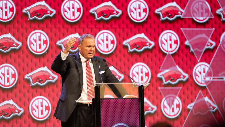 Jul 18, 2024; Dallas, TX, USA; Arkansas head coach Sam Pittman speaking at Omni Dallas Hotel. Mandatory Credit: Brett Patzke-USA TODAY Sports Jul 18, 2024; Dallas, TX, USA; Arkansas head coach Sam Pittman speaking at Omni Dallas Hotel. Mandatory Credit: Brett Patzke-USA TODAY Sports