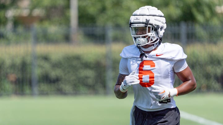 Lyrik Rawls (6) runs drills during an Oklahoma State football practice in Stillwater, Okla., on Wednesday, July 31, 2024.