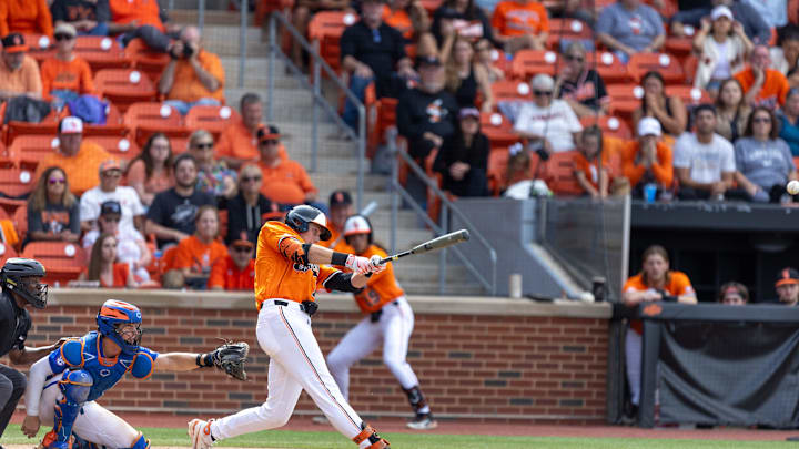Jun 3, 2024; Stillwater, OK, USA; Oklahoma State first baseman Colin Brueggemann (12) hits the ball during a NCAA regional baseball game against Florida at O'Brate Stadium. Mandatory Credit: Mitch Alcala-The Oklahoman Jun 3, 2024; Stillwater, OK, USA; Oklahoma State first baseman Colin Brueggemann (12) hits the ball during a NCAA regional baseball game against Florida at O'Brate Stadium. Mandatory Credit: Mitch Alcala-The Oklahoman