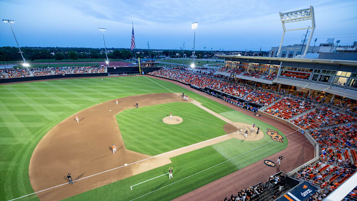Jun 1, 2024; Stillwater, OK, USA; Florida takes the field against Oklahoma State at a NCAA regional baseball game at O'Brate Stadium. Mandatory Credit: Mitch Alcala-The Oklahoman