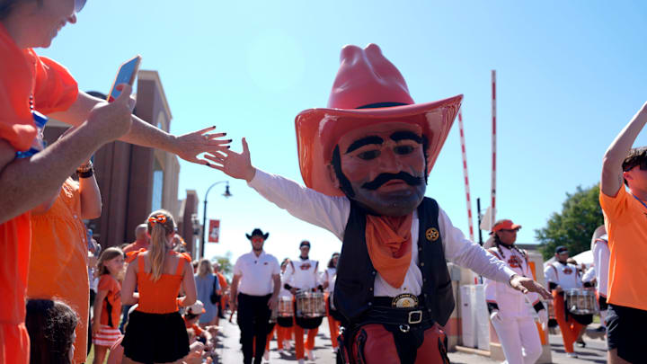 Pistol Pete greets fans before a college football game between the Oklahoma State Cowboys (OSU) and the West Virginia Mountaineers at Boone Pickens Stadium in Stillwater, Okla., Saturday, Oct. 5, 2024.