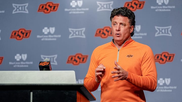 Oklahoma State head football coach Mike Gundy speaks during a press conference at Boone Pickens Stadium in Stillwater Okla., on Thursday, Jan. 23, 2025.