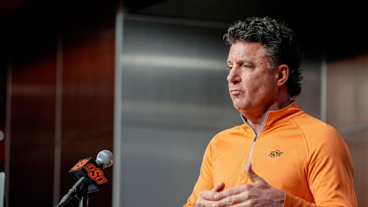 Oklahoma State head football coach Mike Gundy speaks during a press conference at Boone Pickens Stadium in Stillwater Okla., on Thursday, Jan. 23, 2025.