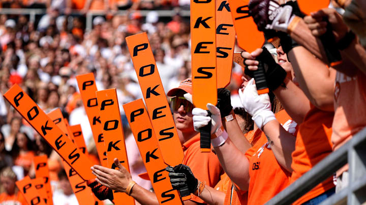 Fans cheer during first half of the college football game between the Oklahoma State Cowboys and the Arkansas Razorbacks at Boone Pickens Stadium in Stillwater, Okla.,, Saturday, Sept., 7, 2024.