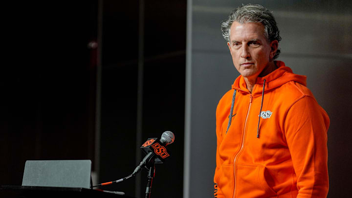 Oklahoma State offensive coordinator Doug Meacham speaks during a press conference at Boone Pickens Stadium in Stillwater Okla., on Thursday, Jan. 23, 2025. Oklahoma State offensive coordinator Doug Meacham speaks during a press conference at Boone Pickens Stadium in Stillwater Okla., on Thursday, Jan. 23, 2025.