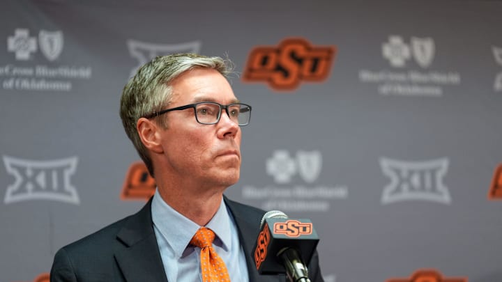 Oklahoma State Athletic Director Chad Weiberg speaks at a press conference following the firing of head football coach Mike Gundy in Stillwater, Okla., on Tuesday, Sept. 23, 2025. Oklahoma State Athletic Director Chad Weiberg speaks at a press conference following the firing of head football coach Mike Gundy in Stillwater, Okla., on Tuesday, Sept. 23, 2025.