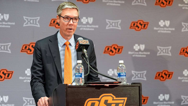 Oklahoma State Athletic Director Chad Weiberg speaks at a press conference following the firing of head football coach Mike Gundy in Stillwater, Okla., on Tuesday, Sept. 23, 2025.