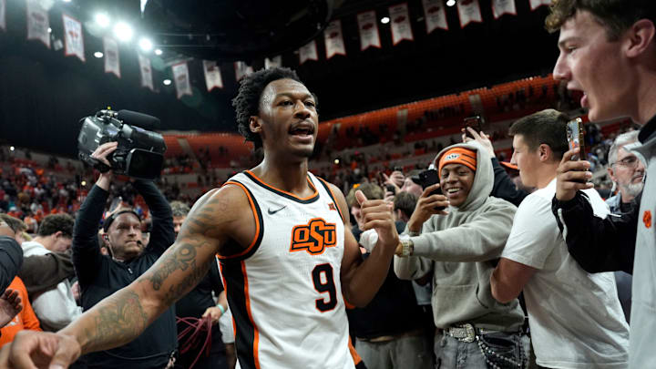 Oklahoma State Cowboys guard Anthony Roy (9) celebrates with fans after a BIG 12 men's college basketball game between the Oklahoma State Cowboys (OSU) and the BYU Cougars at Gallagher-Iba Arena in Stillwater, Okla., Wednesday, Feb. 4, 2026. Oklahoma State Cowboys guard Anthony Roy (9) celebrates with fans after a BIG 12 men's college basketball game between the Oklahoma State Cowboys (OSU) and the BYU Cougars at Gallagher-Iba Arena in Stillwater, Okla., Wednesday, Feb. 4, 2026.