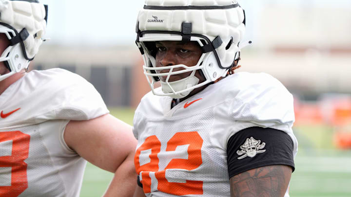 Oklahoma State's Jerry Lawson lines up during an Oklahoma State University Cowboys football spring practice in Stillwater, Wednesday, April 1, 2026.