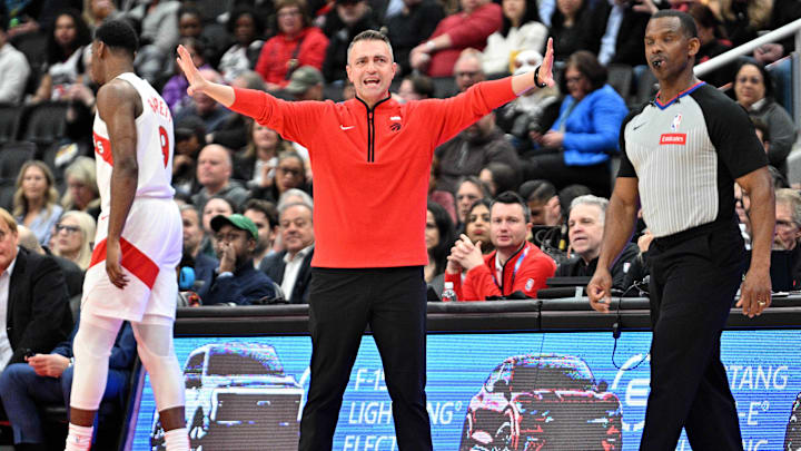 Apr 9, 2024; Toronto, Ontario, CAN;  Toronto Raptors head coach Darko Rajakovic gestures as he speaks to his players in the first half against the Indiana Pacers at Scotiabank Arena. Mandatory Credit: Dan Hamilton-Imagn Images