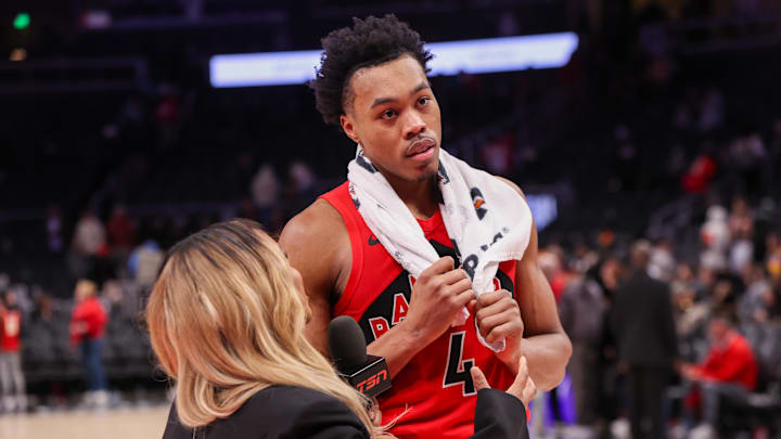 Jan 23, 2025; Atlanta, Georgia, USA; Toronto Raptors forward Scottie Barnes (4) does an interview after a victory over the Atlanta Hawks at State Farm Arena. Mandatory Credit: Brett Davis-Imagn Images