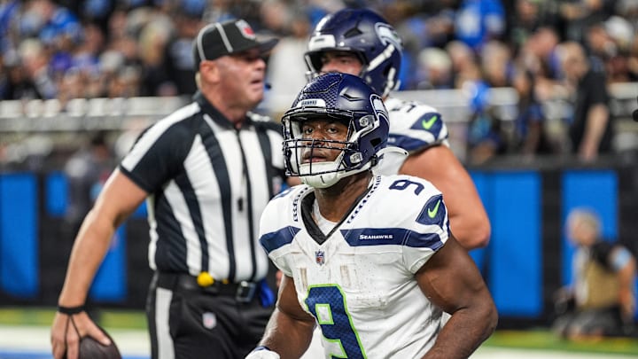 Seattle Seahawks running back Kenneth Walker III (9) (Former Michigan State running back) runs off field after his touchdown during the Lions game against the Seattle Seahawks at Ford Field in Detroit, Tuesday, Oct. 1, 2024.