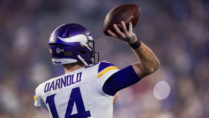 Jan 13, 2025; Glendale, AZ, USA; Detailed view of the jersey of Minnesota Vikings quarterback Sam Darnold (14) against the Los Angeles Rams during an NFC wild card game at State Farm Stadium. Mandatory Credit: Mark J. Rebilas-Imagn Images
