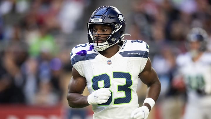 Dec 8, 2024; Glendale, Arizona, USA; Seattle Seahawks wide receiver Dareke Young (83) against the Arizona Cardinals at State Farm Stadium. Mandatory Credit: Mark J. Rebilas-Imagn Images