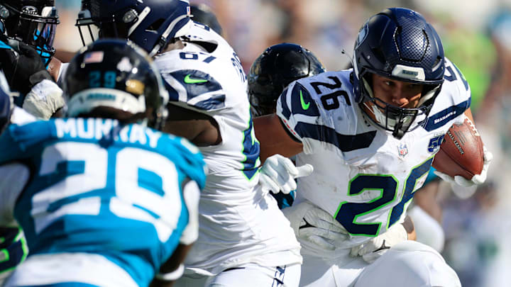 Seattle Seahawks running back Zach Charbonnet (26) rushes for yards during the fourth quarter of an NFL football matchup, Sunday, Oct. 12, 2025, at EverBank Stadium in Jacksonville, Fla. The Seahawks defeated the Jaguars 20-12. Seattle Seahawks running back Zach Charbonnet (26) rushes for yards during the fourth quarter of an NFL football matchup, Sunday, Oct. 12, 2025, at EverBank Stadium in Jacksonville, Fla. The Seahawks defeated the Jaguars 20-12.