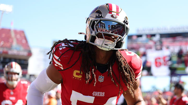Oct 12, 2025; Tampa, Florida, USA; San Francisco 49ers middle linebacker Fred Warner (54) warms up before a game against the Tampa Bay Buccaneers at Raymond James Stadium.