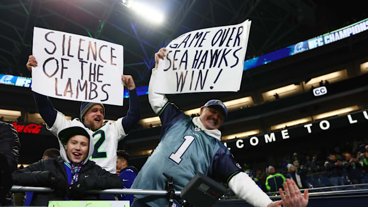 Jan 25, 2026; Seattle, WA, USA; Seattle Seahawks fans cheer after the 2026 NFC Championship Game against the Los Angeles Rams at Lumen Field. Mandatory Credit: Kevin Ng-Imagn Images